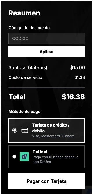 Resumen de pago con tarjeta o DeUna en la reserva de Revital