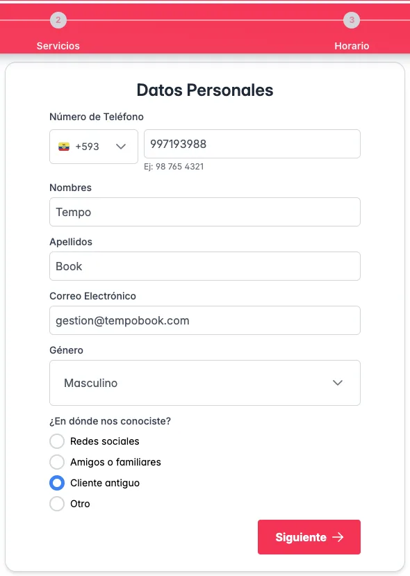 Formulario de agendamiento web de Workout