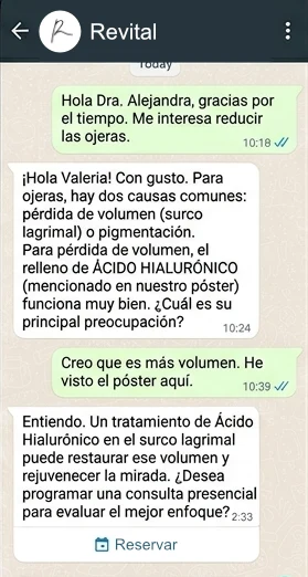 Conversación de WhatsApp con la IA de Revital sobre ácido hialurónico