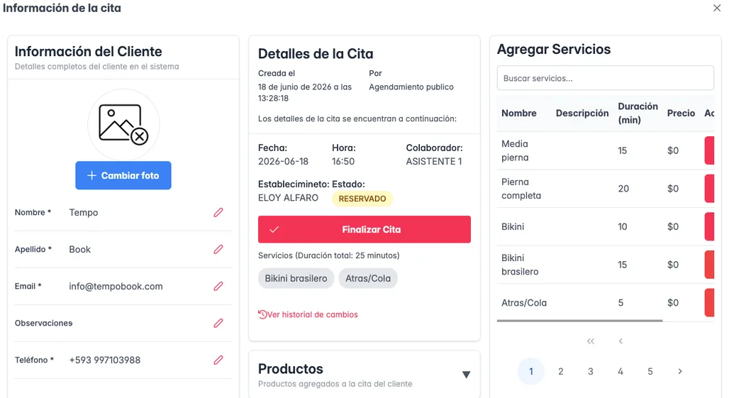 Ficha de cliente, detalles de cita y servicios en TempoBook