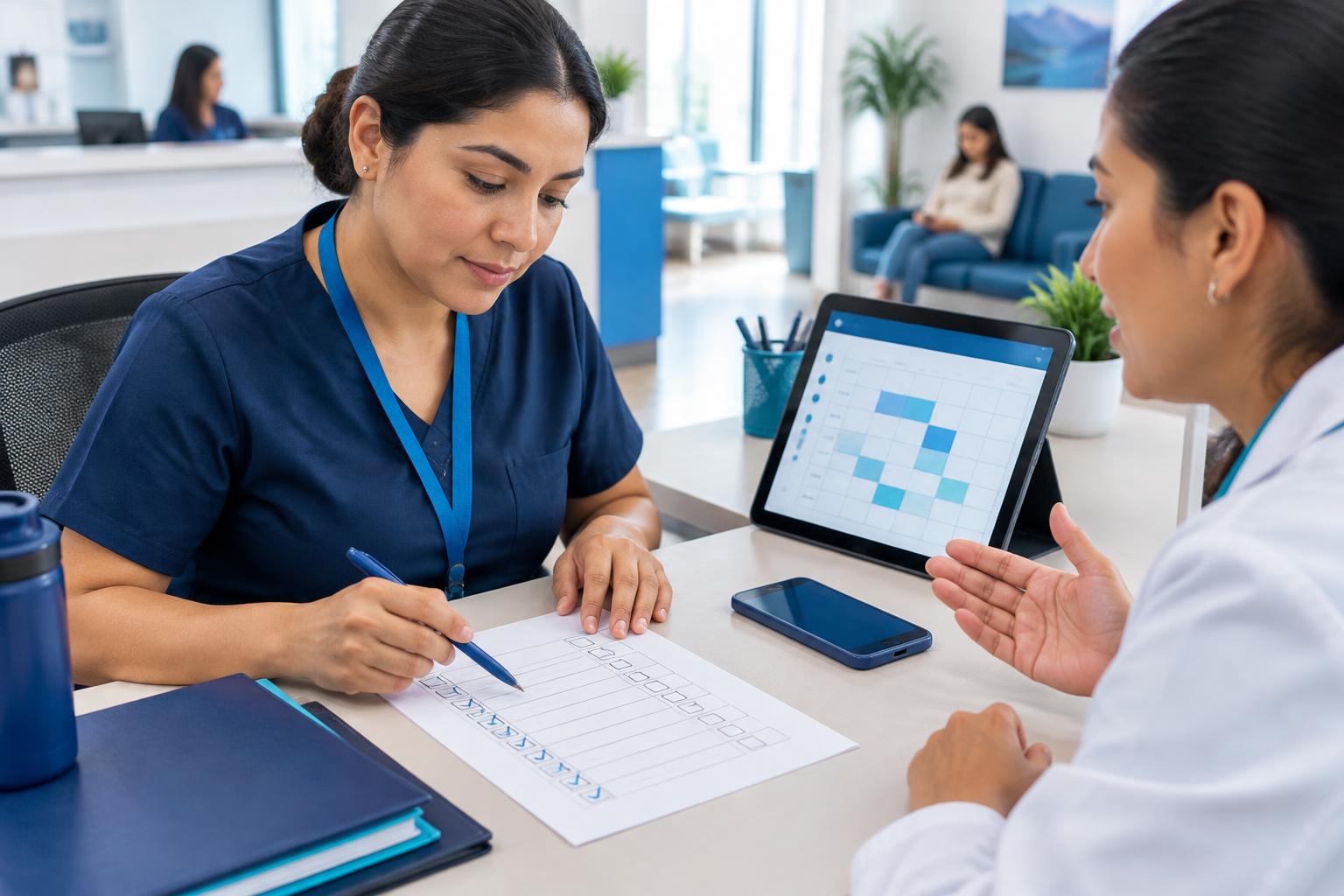 Equipo de una clínica revisando una lista de verificación junto a un calendario digital de citas